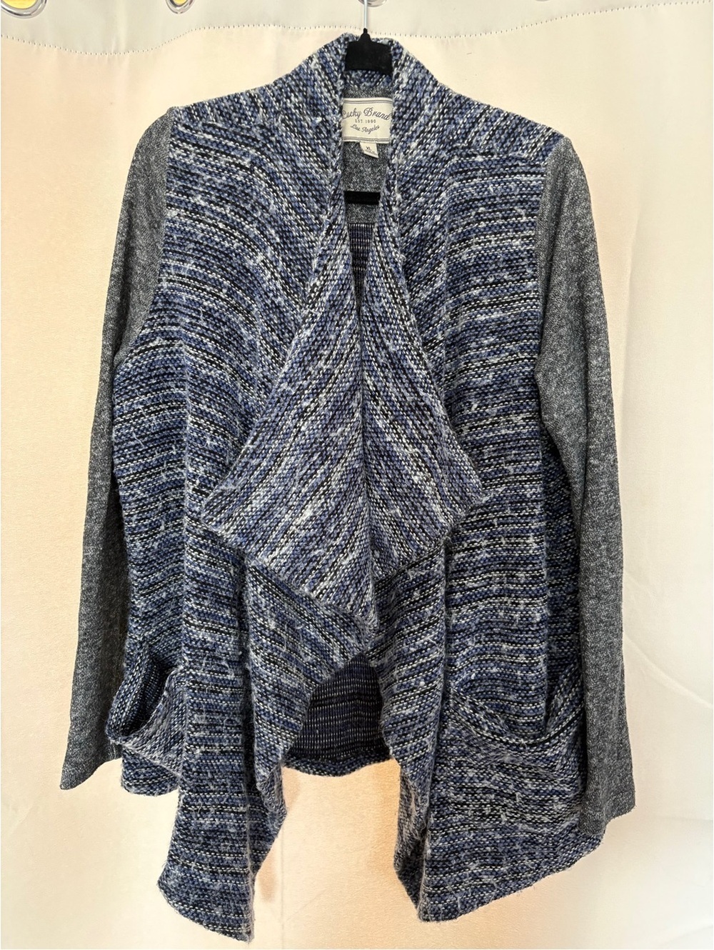 Lucky Brand Women's Blue Gray Marled Drape Open Front Cardigan Sweater Size XL
